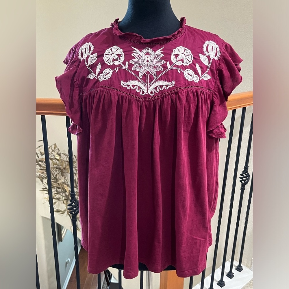 Knox Rose EMBROIDERED Deep Magenta TIE NECK BACK Top SIZE XXL